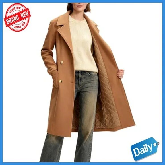 Long Double-Breasted Trench Coat, Polyester, Notch Lapel, Knee-Length Overcoat - Picture 5 of 7